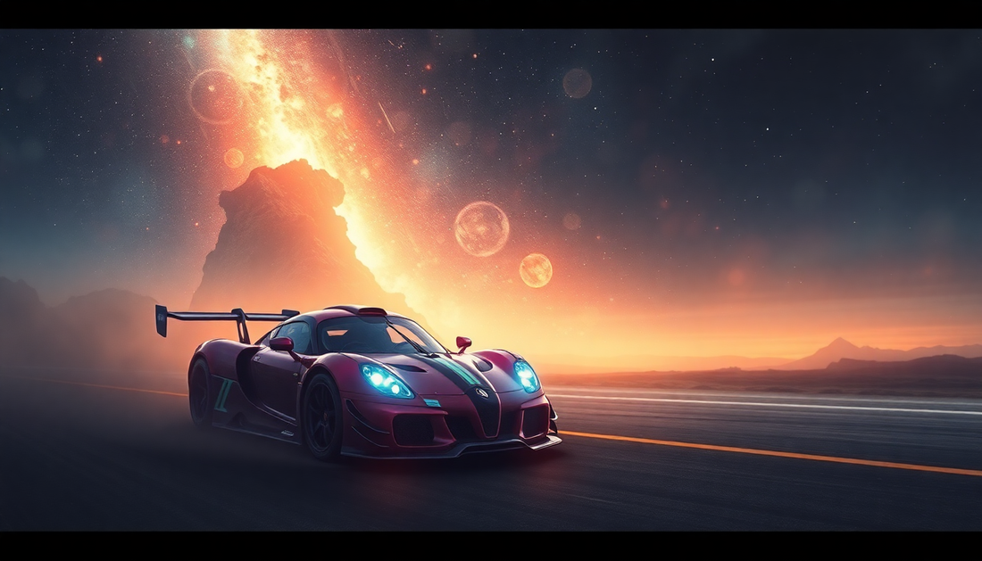 Automobil sportiv futurist, cu lumini LED și aripi aerodinamice, pe un drum în peisaj cosmic, reprezentând tehnologia avansată auto pentru 2026.