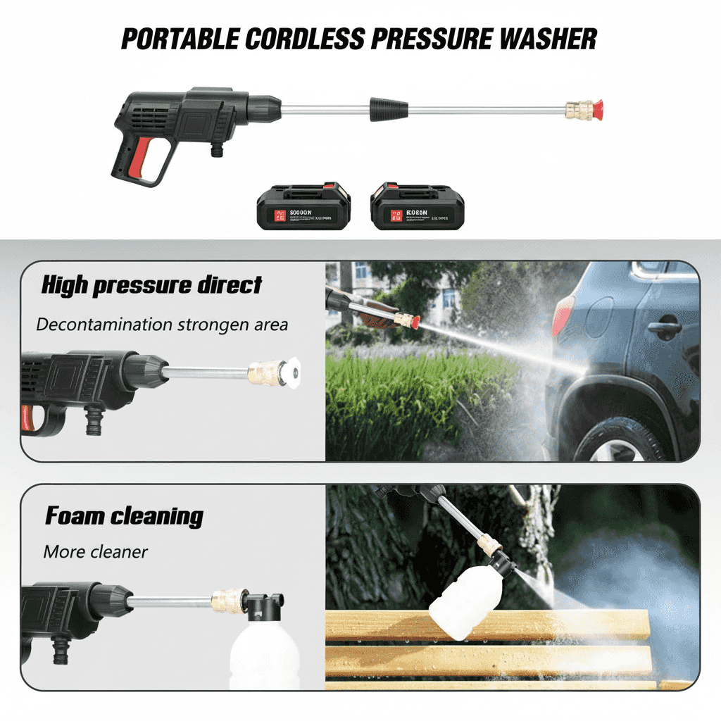 Portable cordless pressure washer with high pressure spray and foam cleaning function.