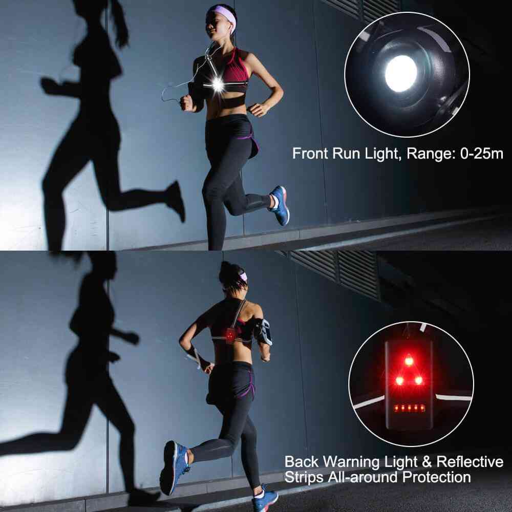 Persoană care poartă lumină de siguranță LED în timpul alergării nocturne, cu vizibilitate maximă și reflectorizare pentru siguranță sporită