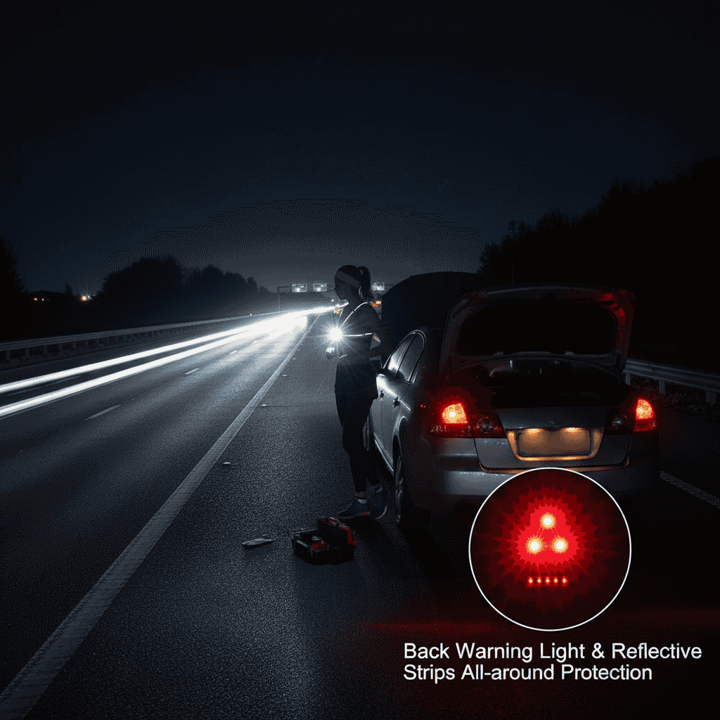 Lumină de avertizare cu LED roșu și bandă reflectorizantă pentru protecție maximă pe drum, utilizată în situații de urgență