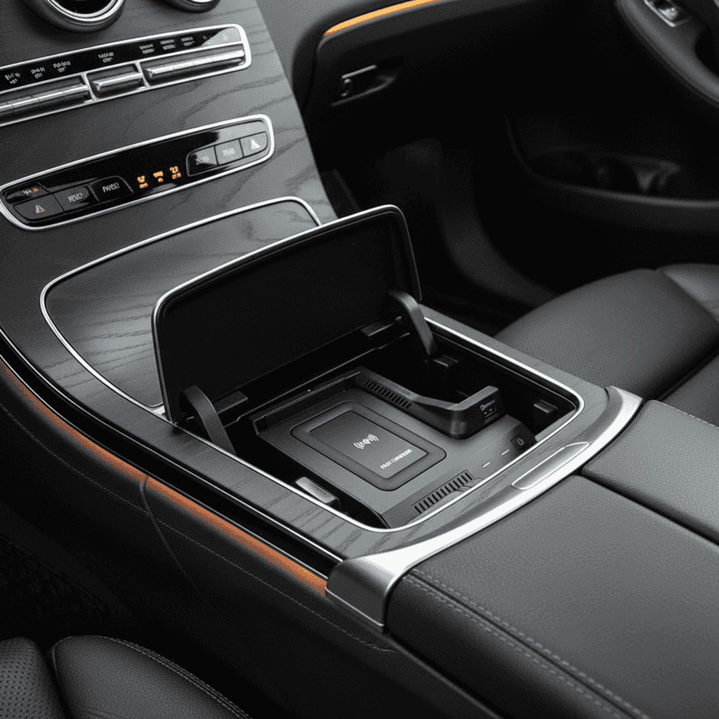 Interior de lux Mercedes-Benz cu ecran digital, aeratoare rotunde și consola centrală cu încărcător wireless pentru telefon, iluminare ambientală