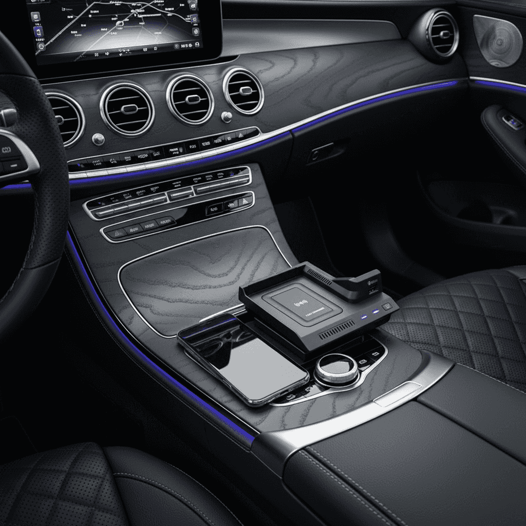Interior modern Mercedes-Benz cu ecran mare, aeratoare rotunde și consola centrală cu încărcător wireless pentru telefon, iluminare ambientală albastră