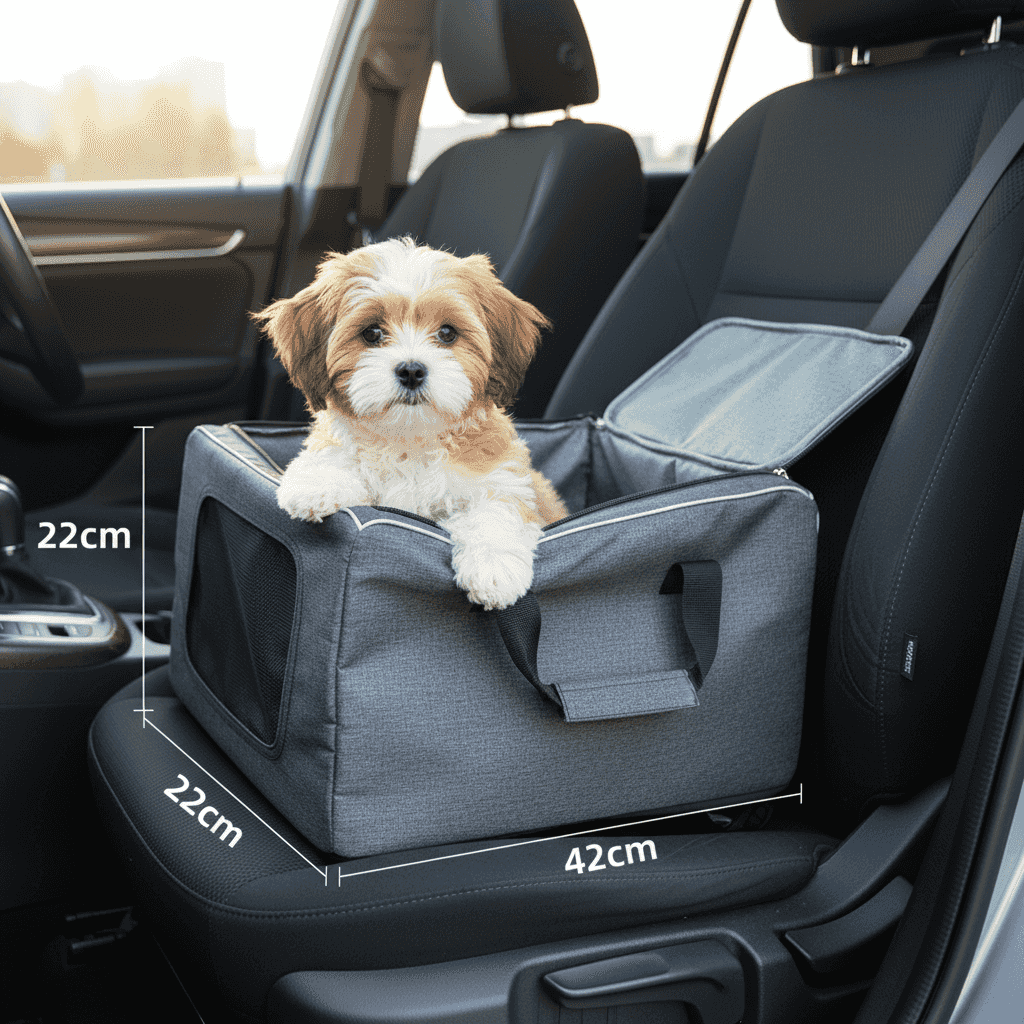 Small brown and white dog sitting in a grey portable car pet seat with dimensions.