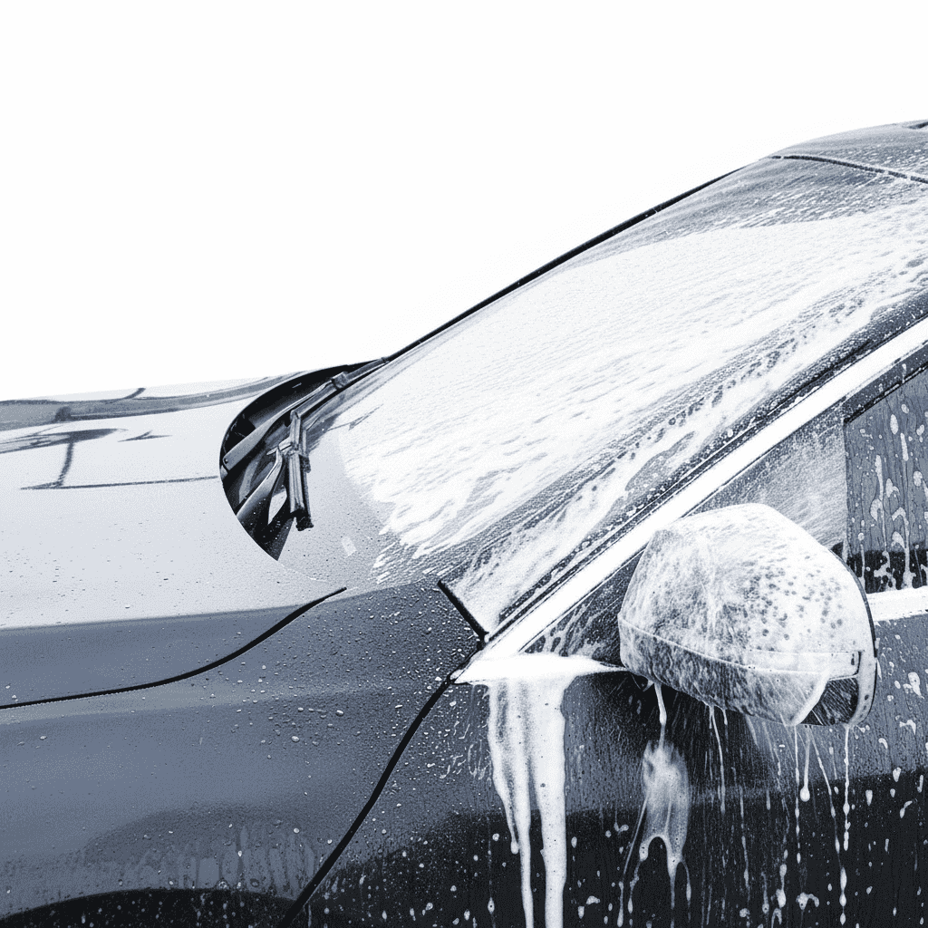 Close-up of a dark car being washed with soap suds on the windshield and side mirror.