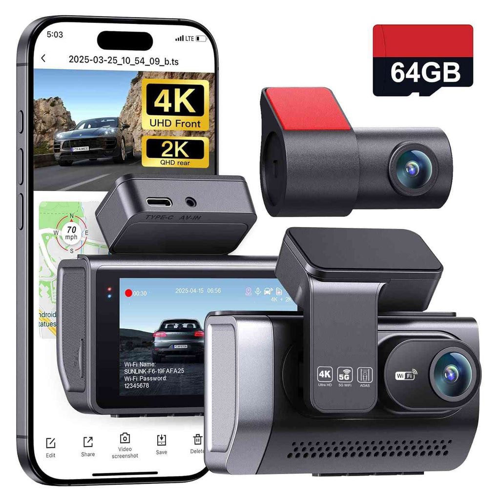 Camera auto 4K HD transfrontalier, model nou 2025, instalare wireless, ecran 3 inci, înregistrare frontala și spate, memorie 64GB
