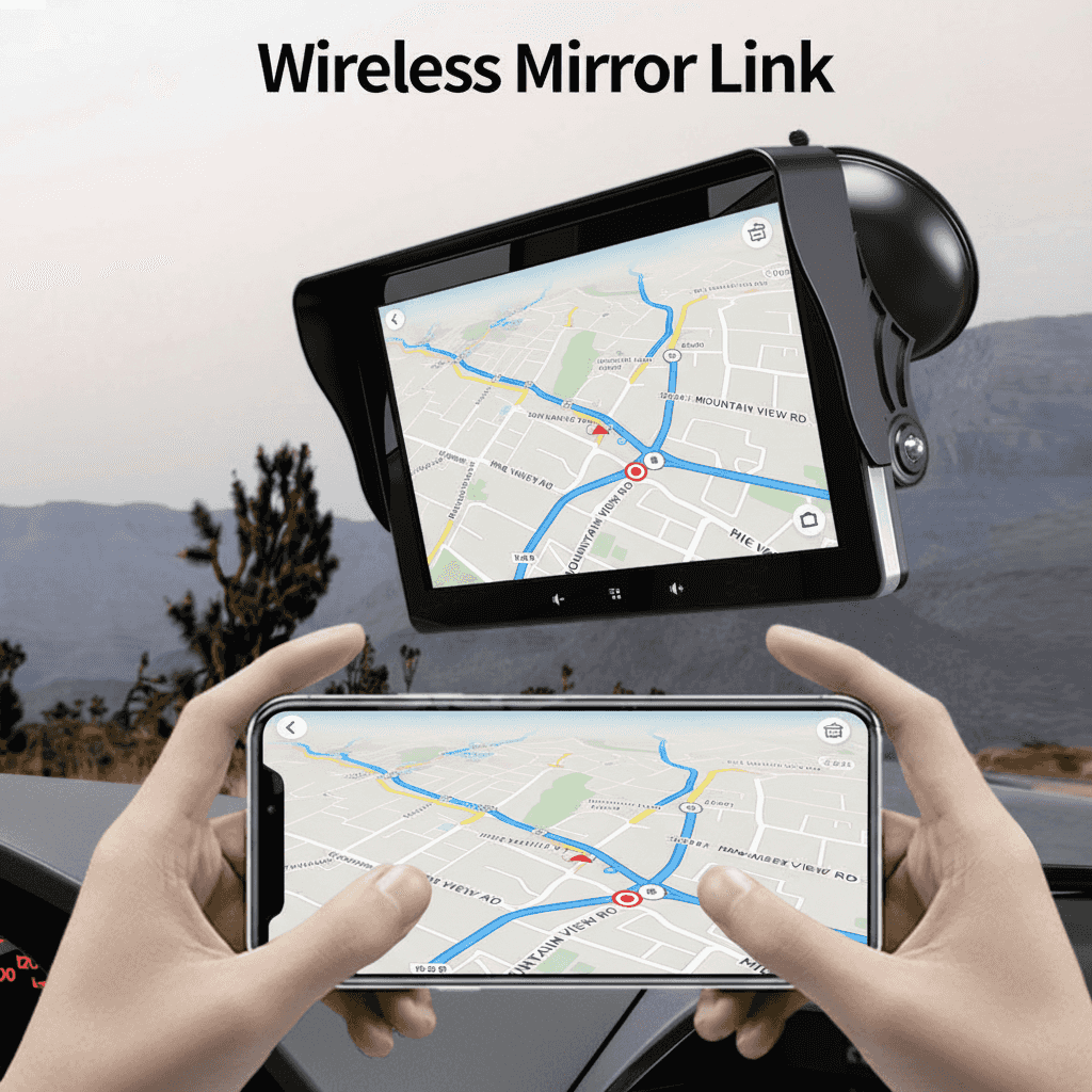 Display auto wireless de 7 inch montat pe bordul mașinii, compatibil cu Apple CarPlay și Android Auto, cu ecran tactil și funcții de navigație