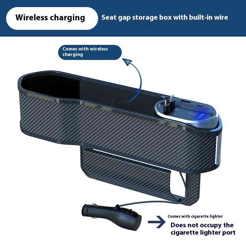 Cutie de depozitare pentru spațiu între scaune auto, cu încărcare wireless și cablu, în design modern, din material ușor și rezistent.