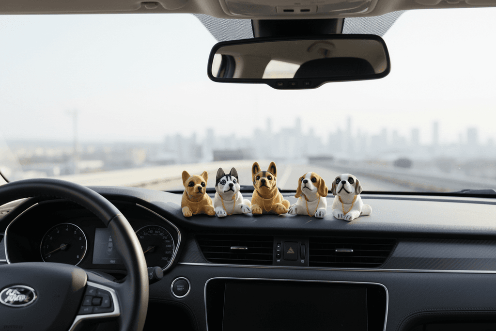 Decoratiune auto pentru bord cu catel Beagle, figurina din material moale, culoare bej, cu colier auriu, ideal pentru personalizarea interiorului mașinii - SKU: CJQCQCQC01335-Beagle dogs