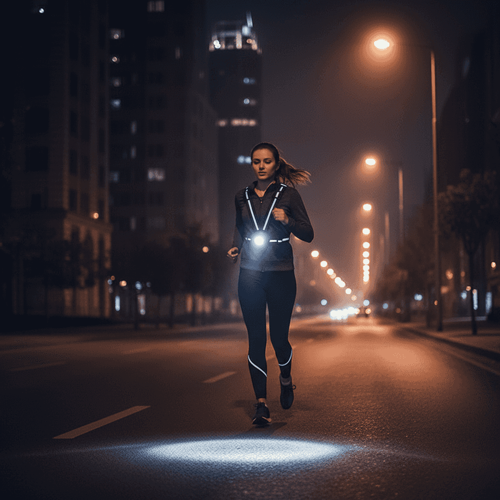 Femeie alergând pe stradă noaptea, purtând lumină de avertizare și siguranță stradală cu LED, în oraș cu clădiri înalte și lumină ambientală slabă