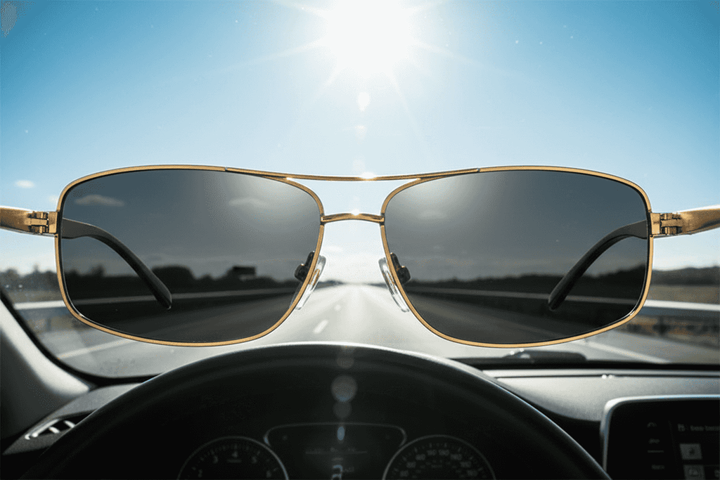 Ochelari de soare polarizați cu lentile întunecate, ramă metalică aurie, reflectând pe drum și protecție UV, pentru activități outdoor