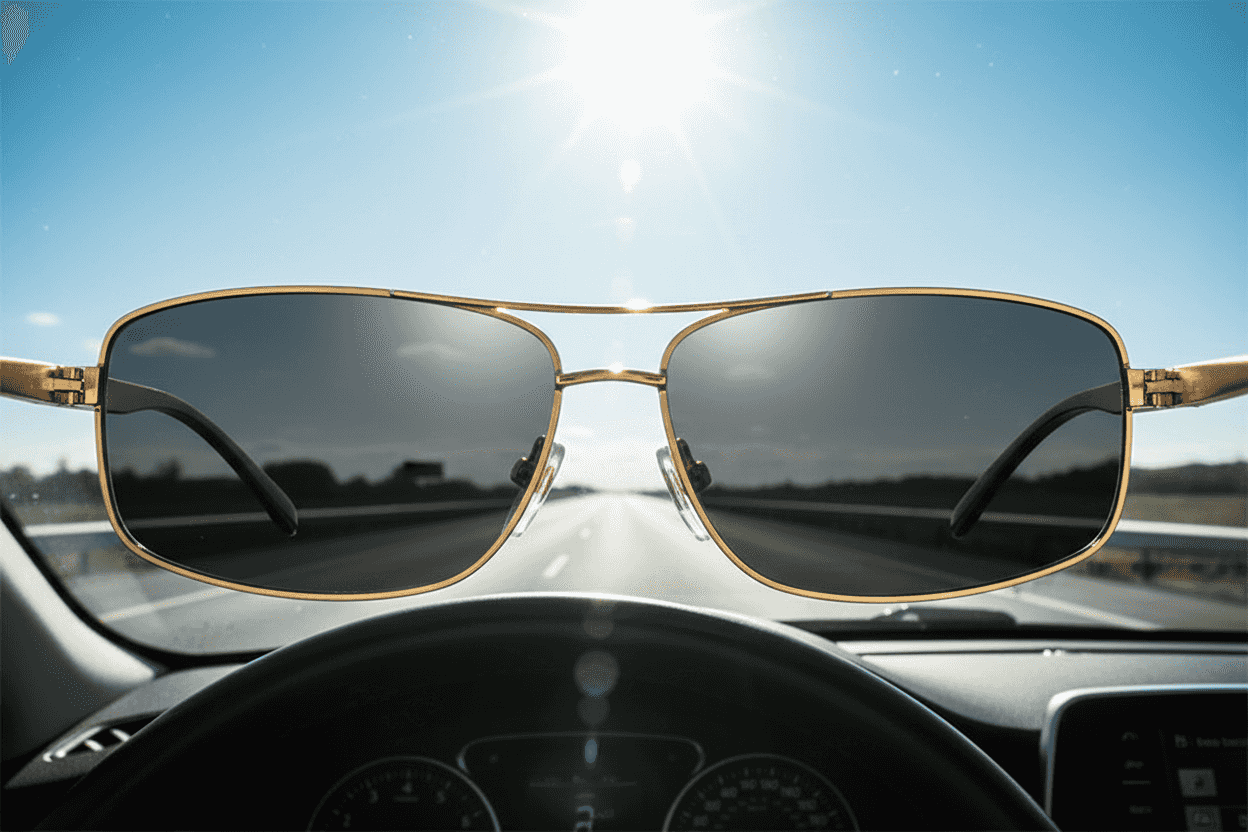 Ochelari de soare polarizați cu lentile întunecate, ramă metalică aurie, reflectând pe drum și protecție UV, pentru activități outdoor