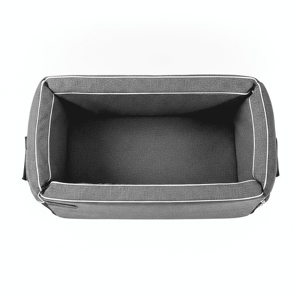Gray fabric car trunk organizer box for automotive storage and organization.