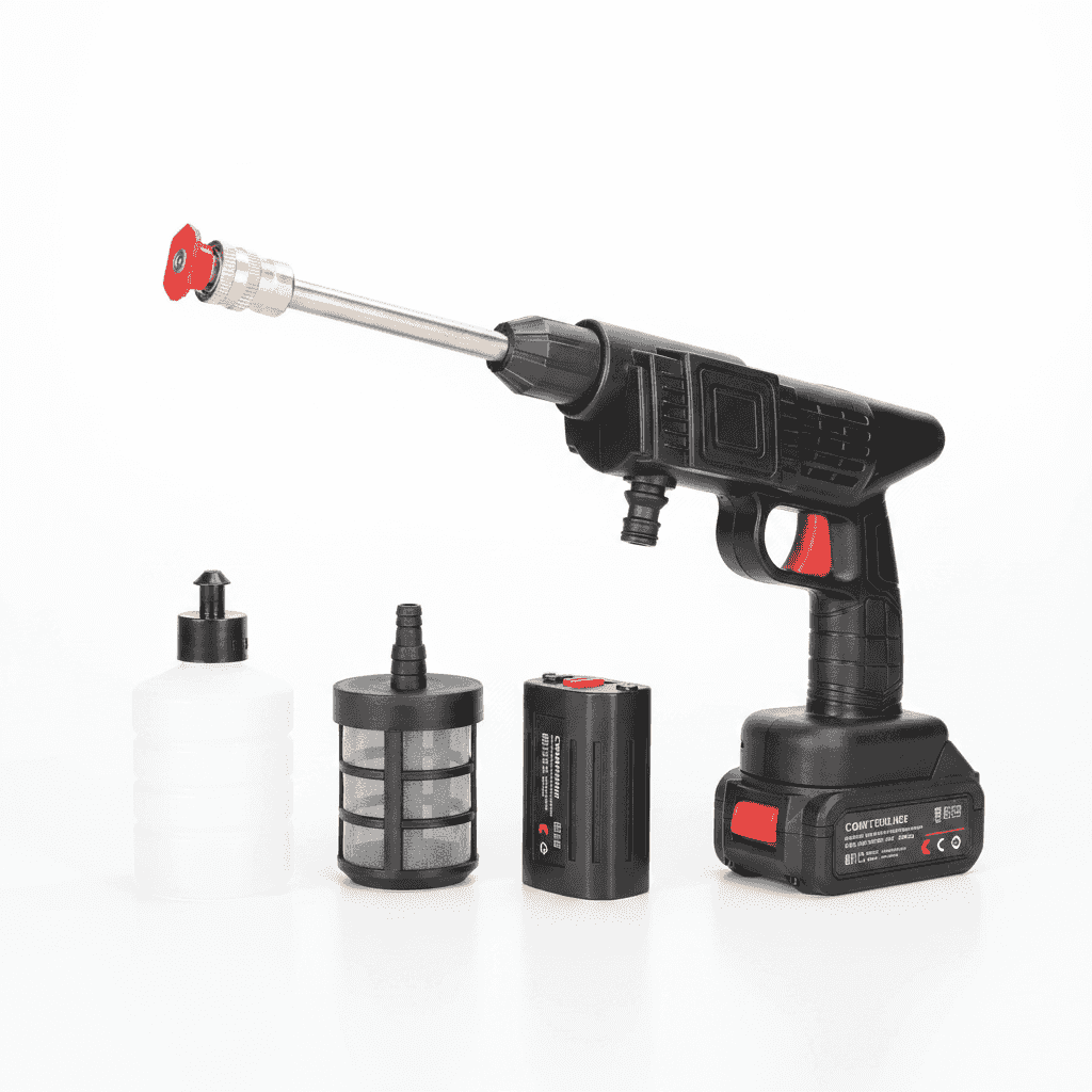 Cordless handheld pressure washer with battery, nozzle, and detergent bottle.
