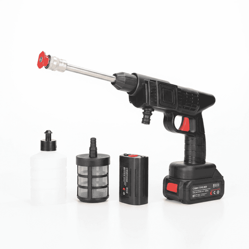 Cordless handheld pressure washer with battery, nozzle, and detergent bottle.