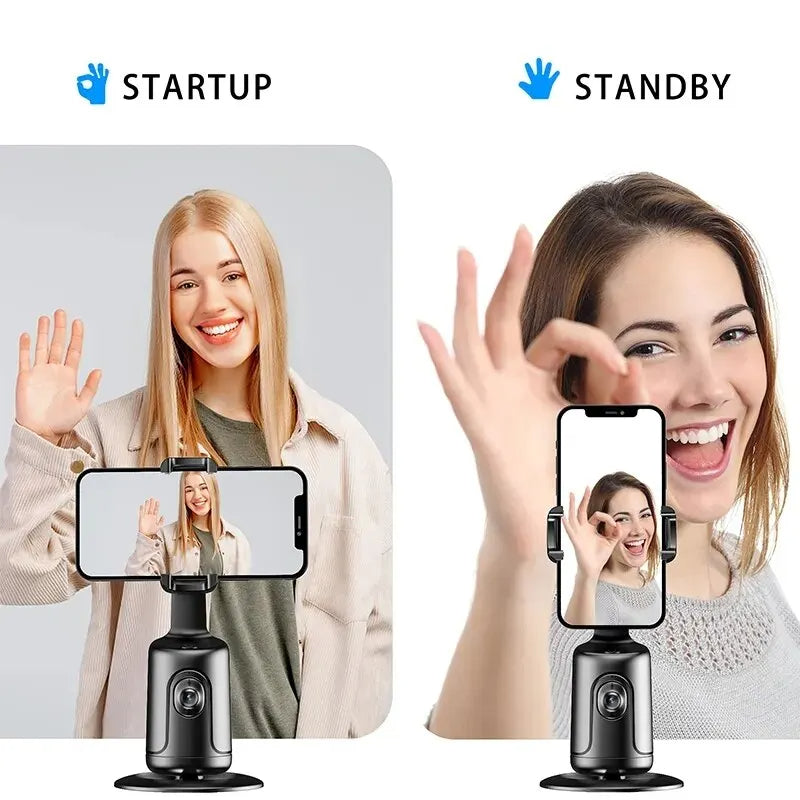 AI-powered auto-tracking phone holder for content creators showing startup and standby modes