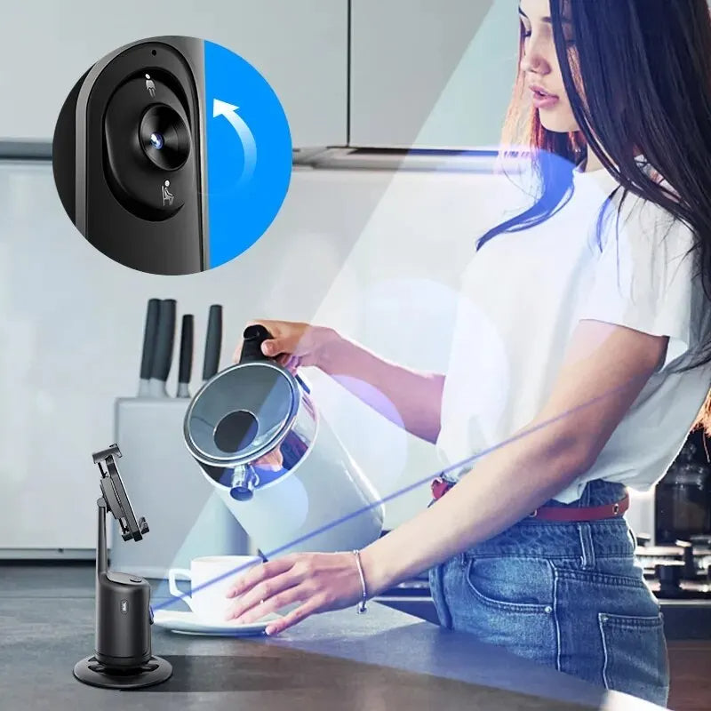 Woman using a rotating smart home security camera in a kitchen setting