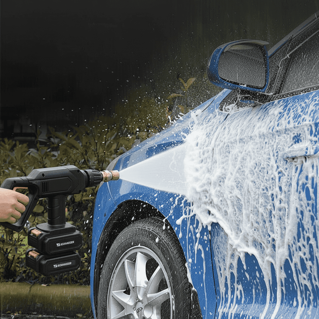 Portable cordless pressure washer cleaning a blue car with soap foam.