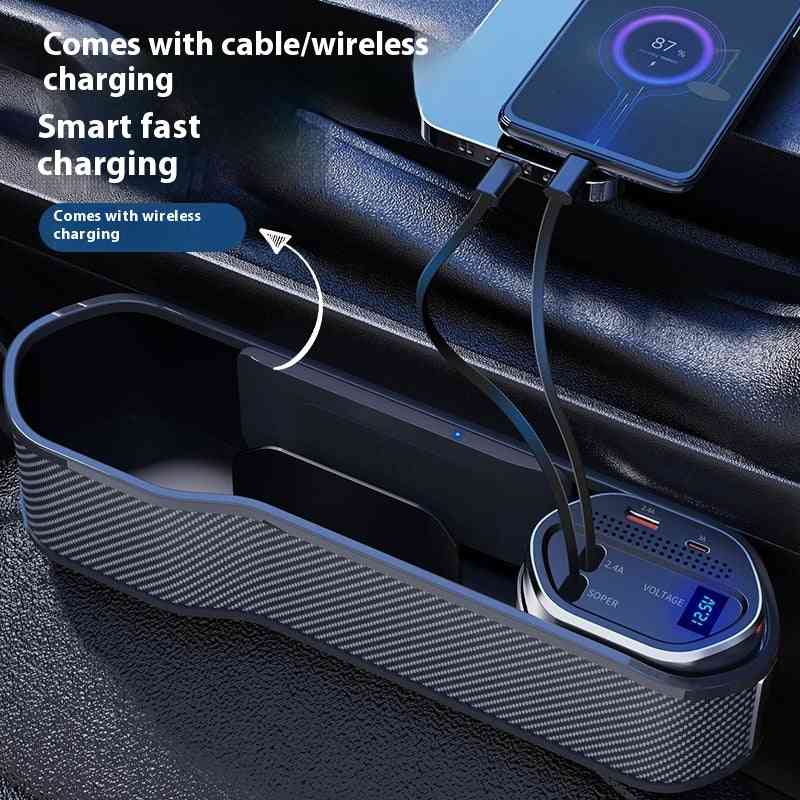 Suport pentru telefon cu încărcare wireless, montat pe consola auto, din material rezistent, cu afișaj digital și cablu de încărcare.