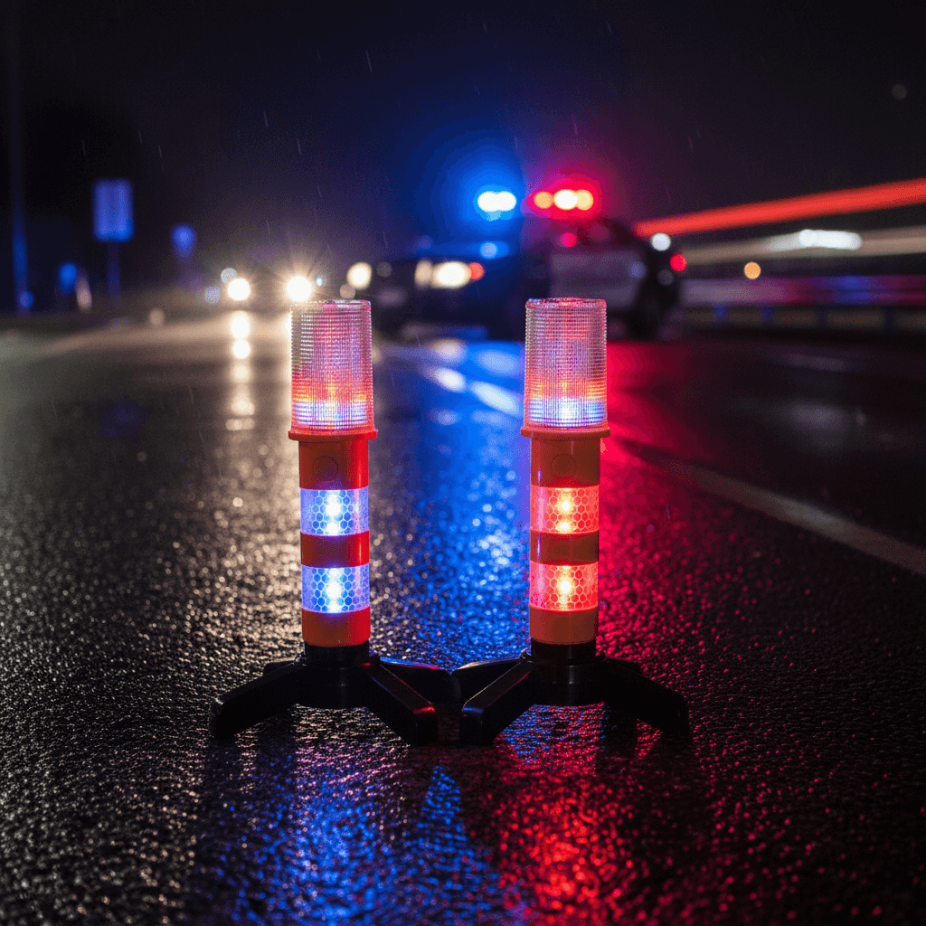 Set 2 lămpi LED de semnalizare de urgență cu bază magnetică, lumină roșie și albastră, pentru siguranță rutieră, pe asfalt umed noaptea