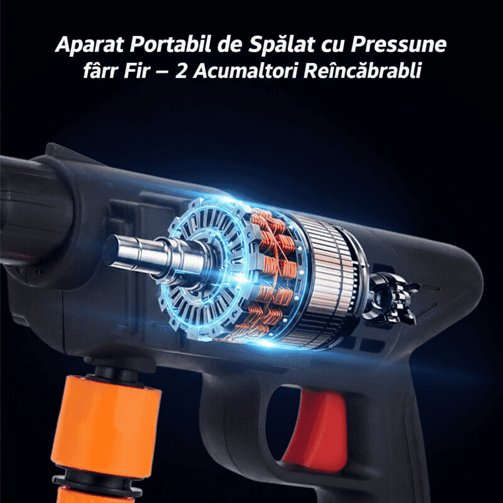 Internal view of a portable cordless pressure washer motor and engine components.