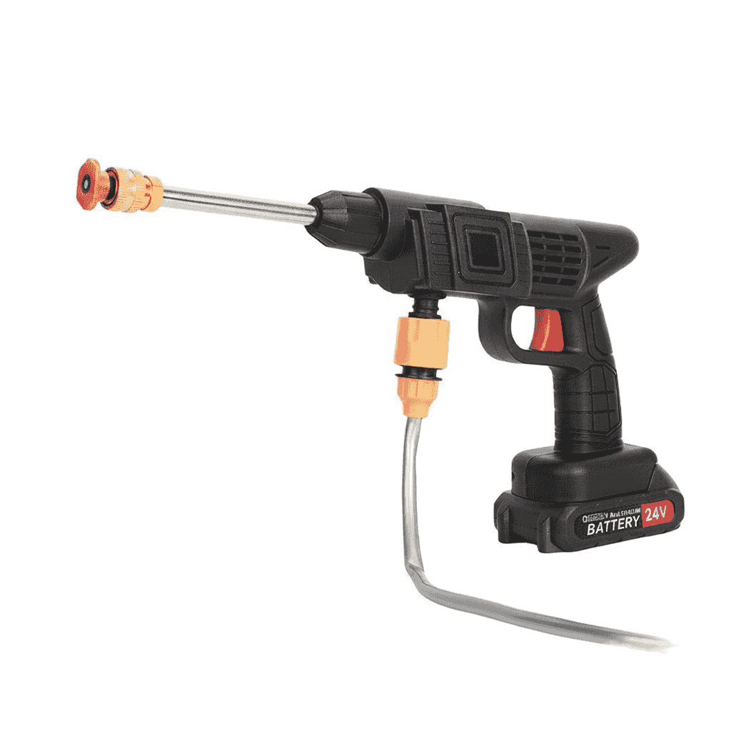 Cordless 24V battery powered pressure washer spray gun with long metal nozzle.