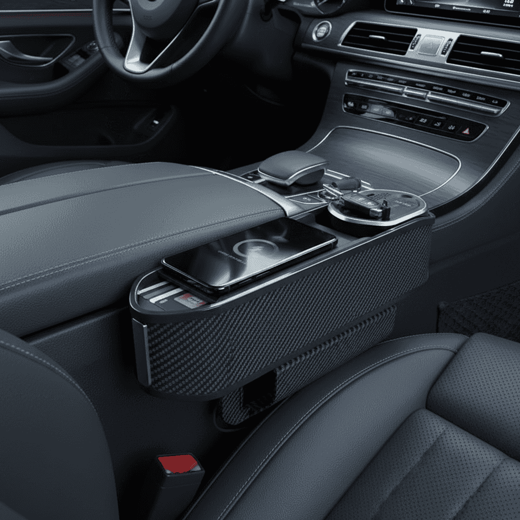 Organizator pentru fante auto din material plastic durabil, negru cu aspect carbon, montat pe consola central, pentru obiecte mici și telefon
